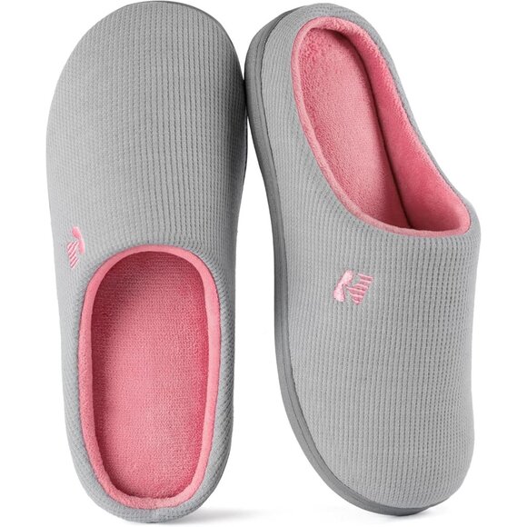 Women's Light Grey/Pink  Two-Tone Memory Foam Slipper  Indoor House Shoes - Picture 1 of 6